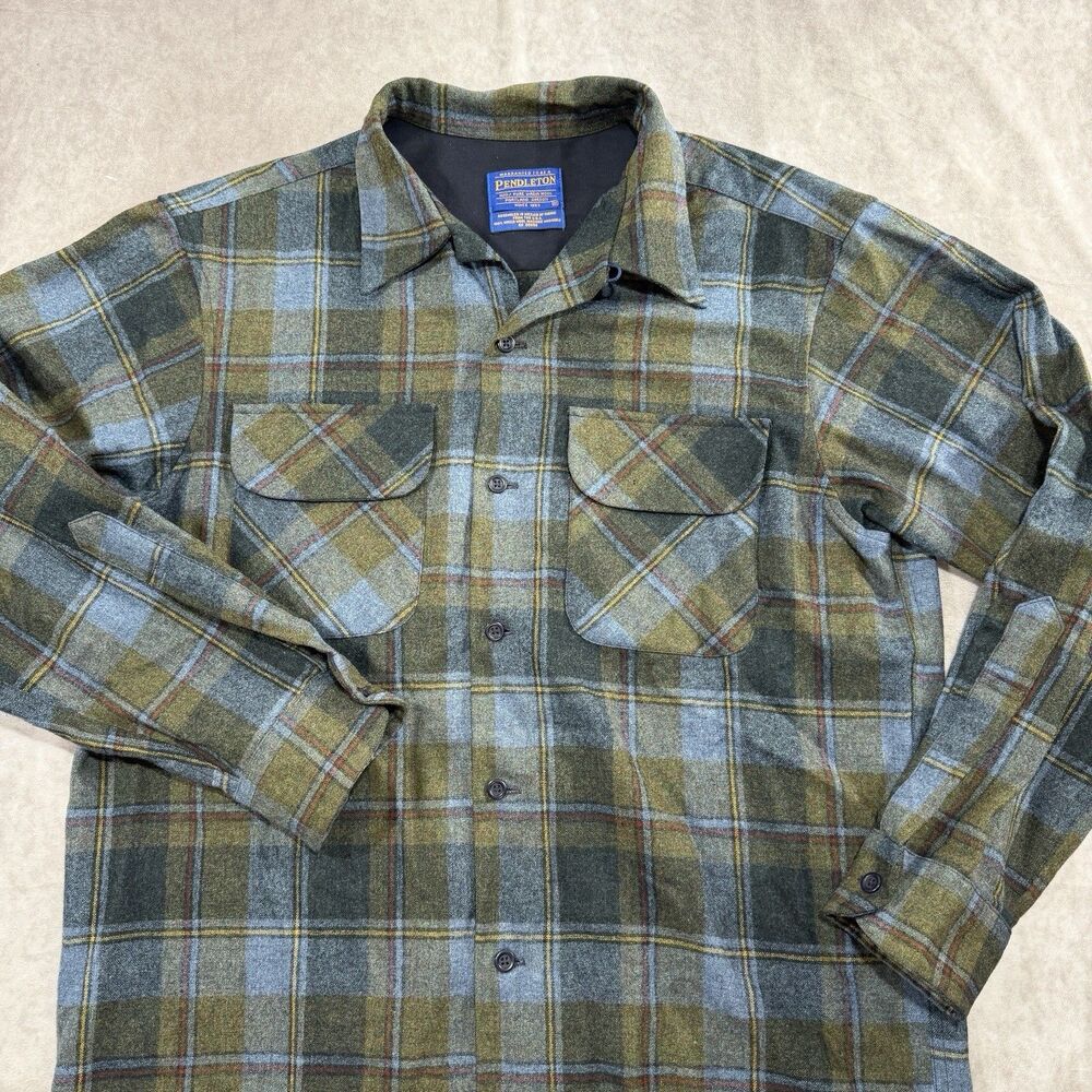 Pendleton Board Shirt Plaid Green Blue Gray Wool M USA  Loop Collar Beach Boys